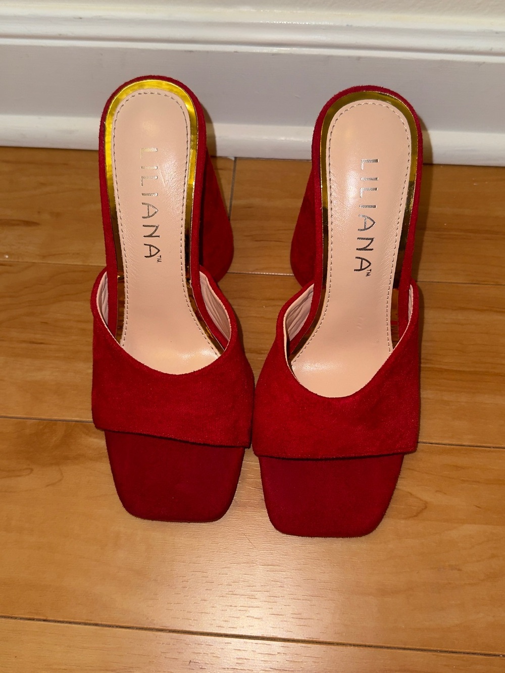 Liliana red suede block heel mules